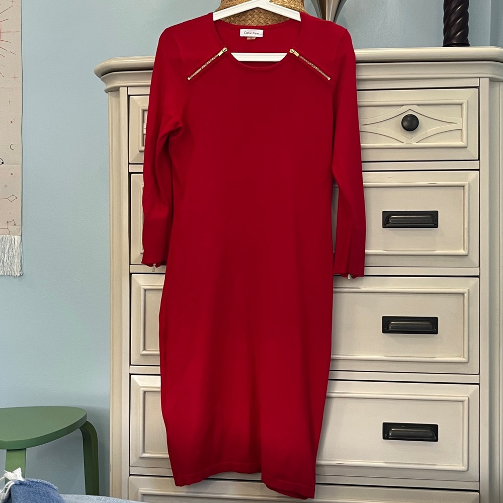 Calvin Klein Women’s Red Zippered Long Sleeve Bodycon Knit Dress - Size M